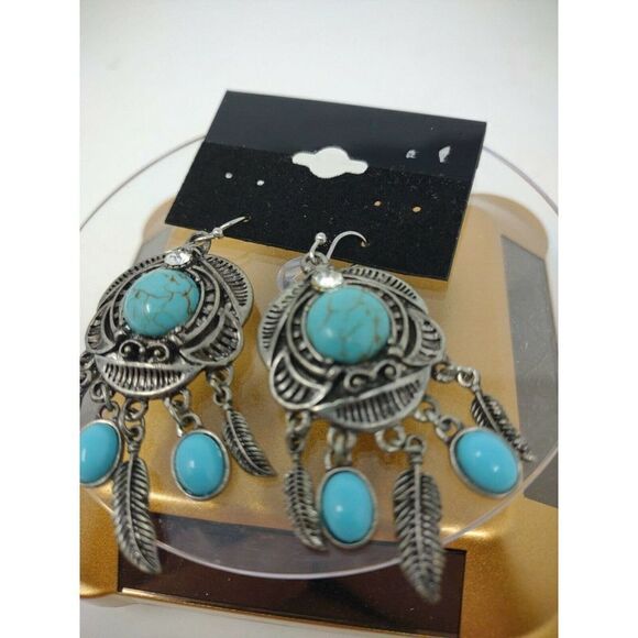 Dangly Earrings American Southwest USA Style Turquoise with Feathers and Stone - Picture 4 of 5